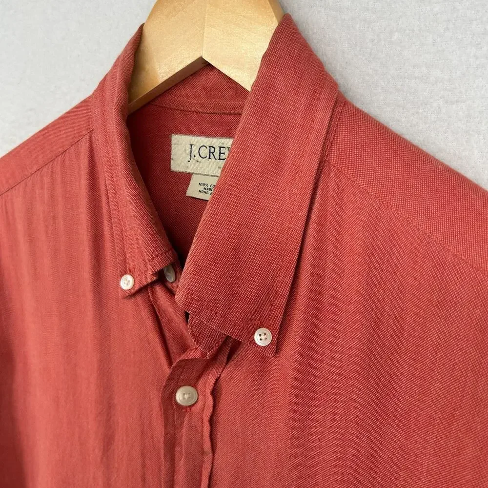 J.CREW Shirt Mens S Oxford Woven Button Up Long Sleeve Cotton Orange OCBD VTG HK